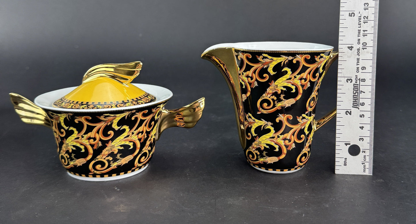 Stunning Versace Rutherford Barocco Italy Gold Covered Sugar Bowl Creamer Set