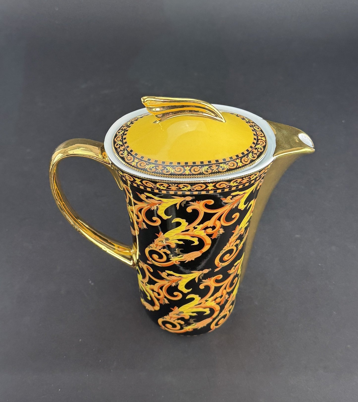 Rare Versace Rutherford Barocco Italy Gold Black 8.25" Tall Coffee Pot Teapot