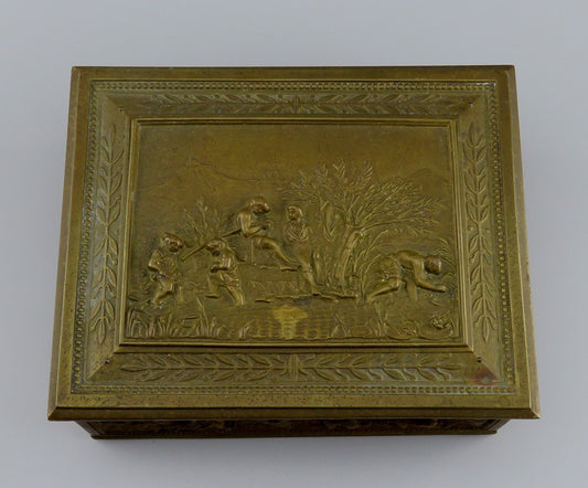 Ornate Brass Bronze Humidor Box Wooden Interior Agricultural Scenes Late 1800s