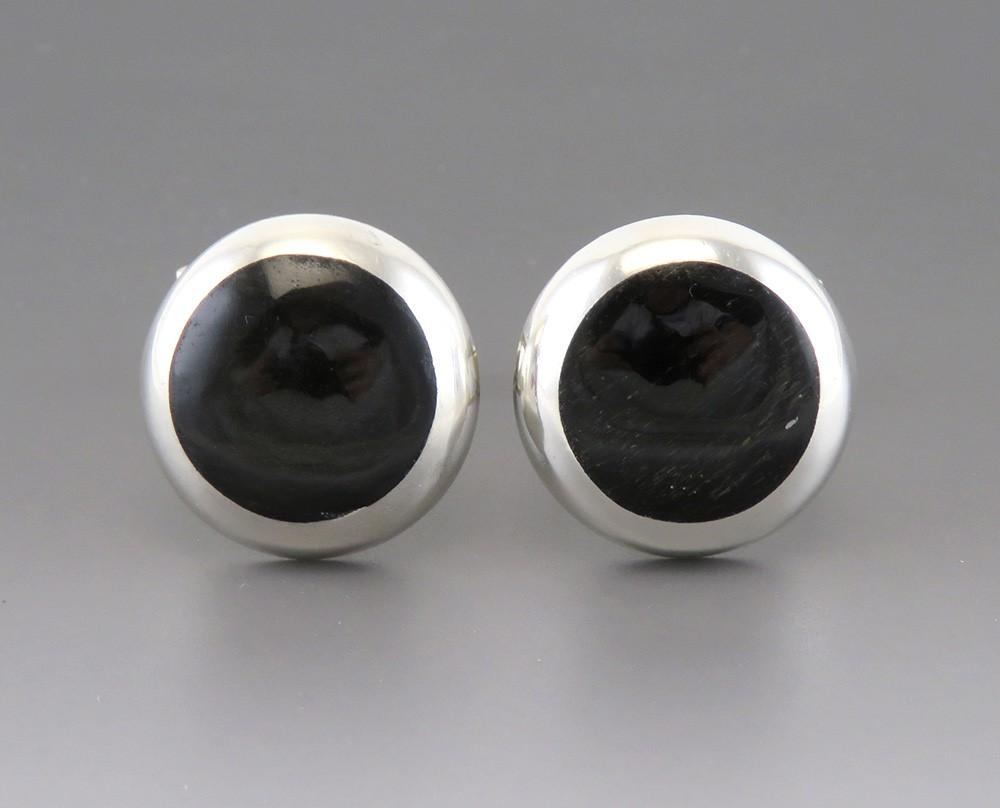 Vintage Taxco Mexican Sterling Silver Black Stone Dome Cufflinks