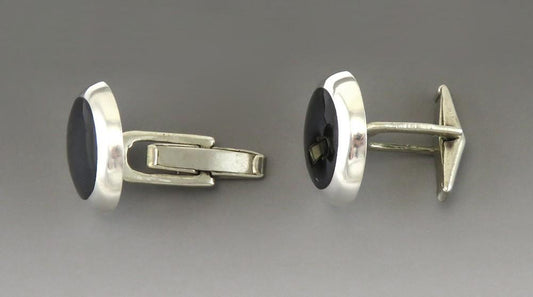 Vintage Taxco Mexican Sterling Silver Black Stone Dome Cufflinks