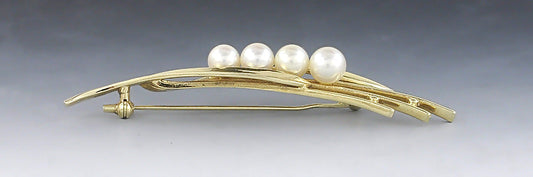 Stylish VTG Signed Mikimoto 14k Yellow Gold & Pearl Pin Brooch