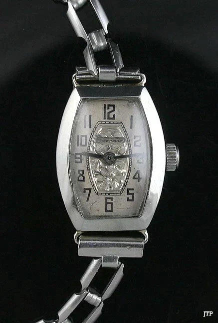 Vintage Belais 18K White Gold Bright Cut Floral Wristwatch