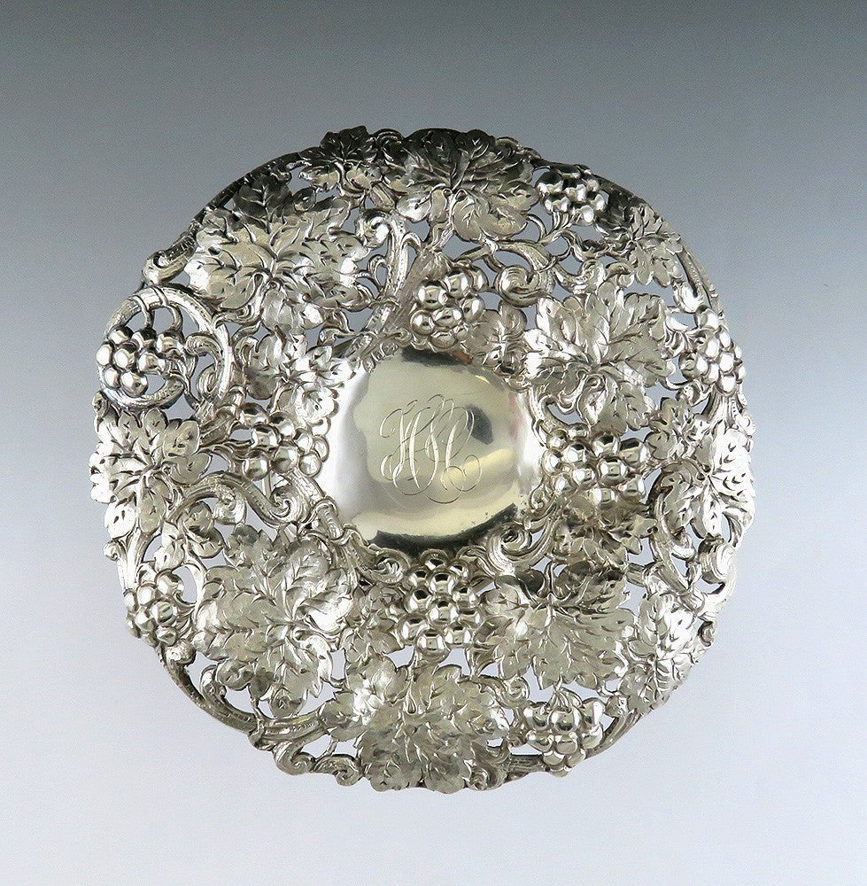 1800's Art Nouveau High Relief Hand Chased Pierced Sterling Silver Pedestal Bowl