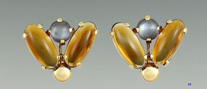 Stunning Retro Moonstone and Citrine 14K Gold Screwback Earrings