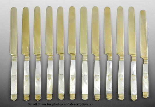 Excellent Set of 12 Mother of Pearl & Gold Washed Silver Knives