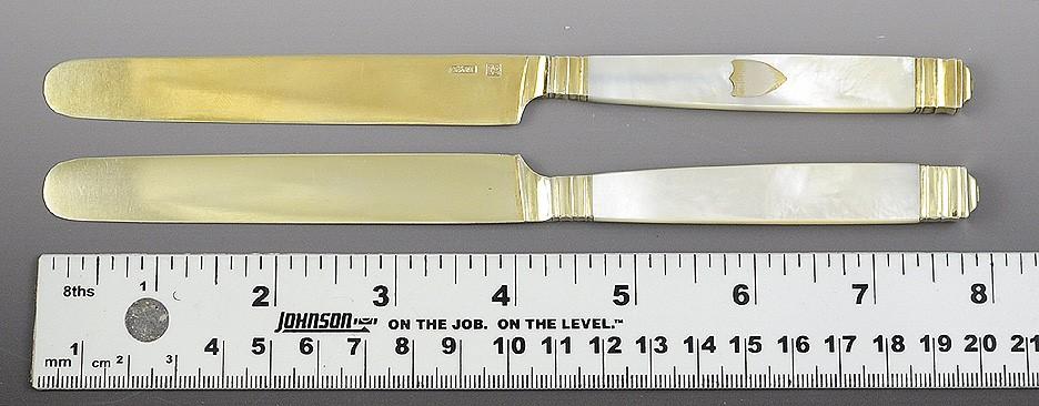 Excellent Set of 12 Mother of Pearl & Gold Washed Silver Knives