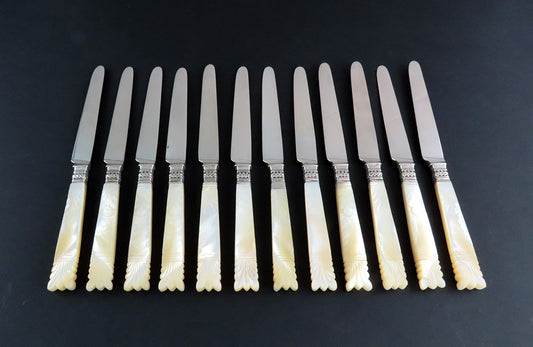 c1840s Chinese Export 12 Silver Knives w/ Mother of Pearl Handles 7 3/4 in