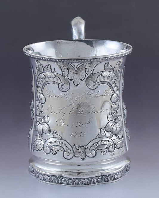 Antique c1851 Fine American Coin Silver Hand Chased Repousse Flower Cup Mug