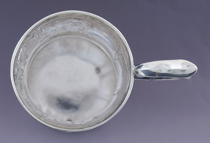 Antique c1851 Fine American Coin Silver Hand Chased Repousse Flower Cup Mug