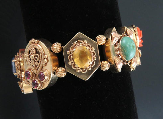 14k Gold Amethyst Turquoise Citrine Garnet Opal Multi Gem Slide Charm Bracelet