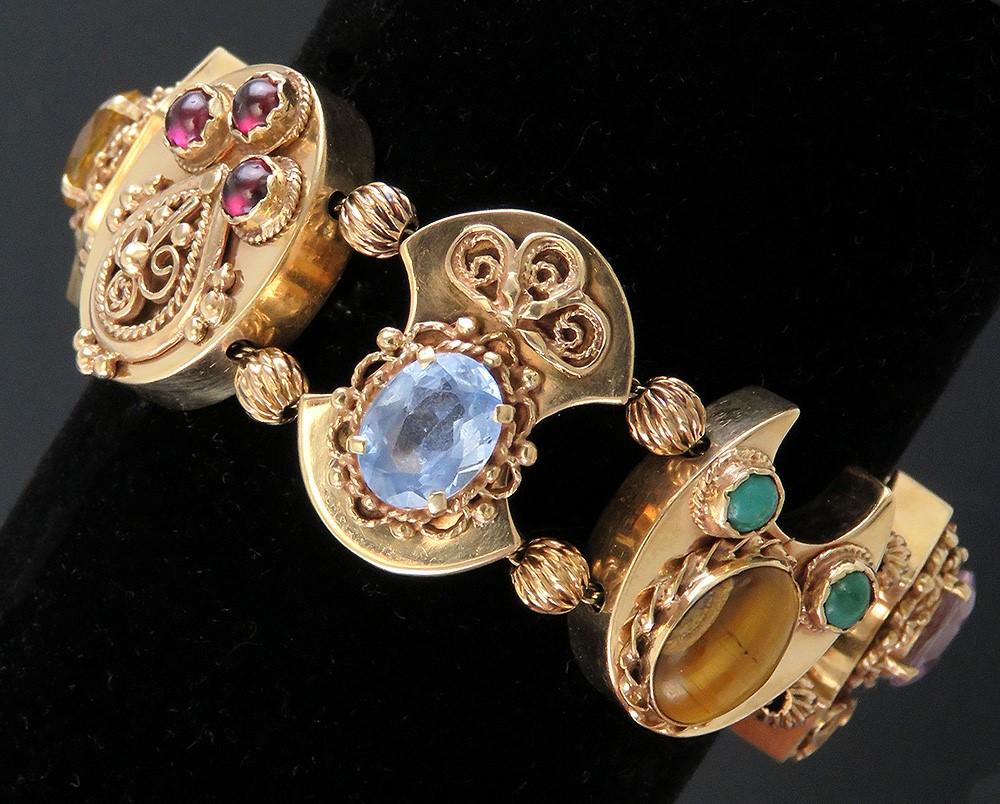 14k Gold Amethyst Turquoise Citrine Garnet Opal Multi Gem Slide Charm Bracelet