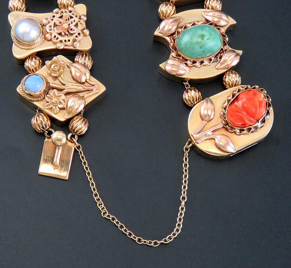 14k Gold Amethyst Turquoise Citrine Garnet Opal Multi Gem Slide Charm Bracelet