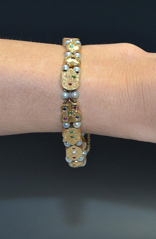 Elegant 14k Gold Multi Gemstone Slide Charm Bracelet Diamond Ruby Sapphire Pearl