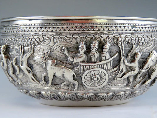 Antique c1900 Hand Chased Silver Raita Dessert or Rice Bowl from Southeast Asia