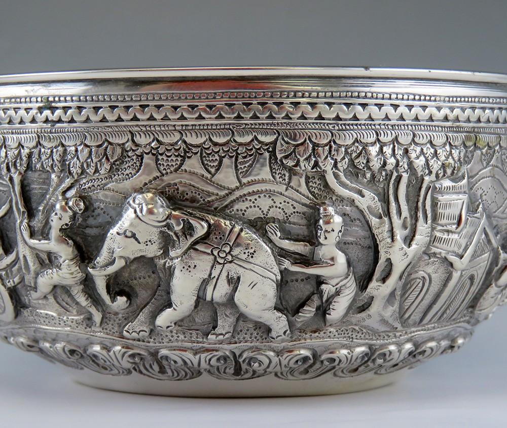 Antique c1900 Hand Chased Silver Raita Dessert or Rice Bowl from Southeast Asia
