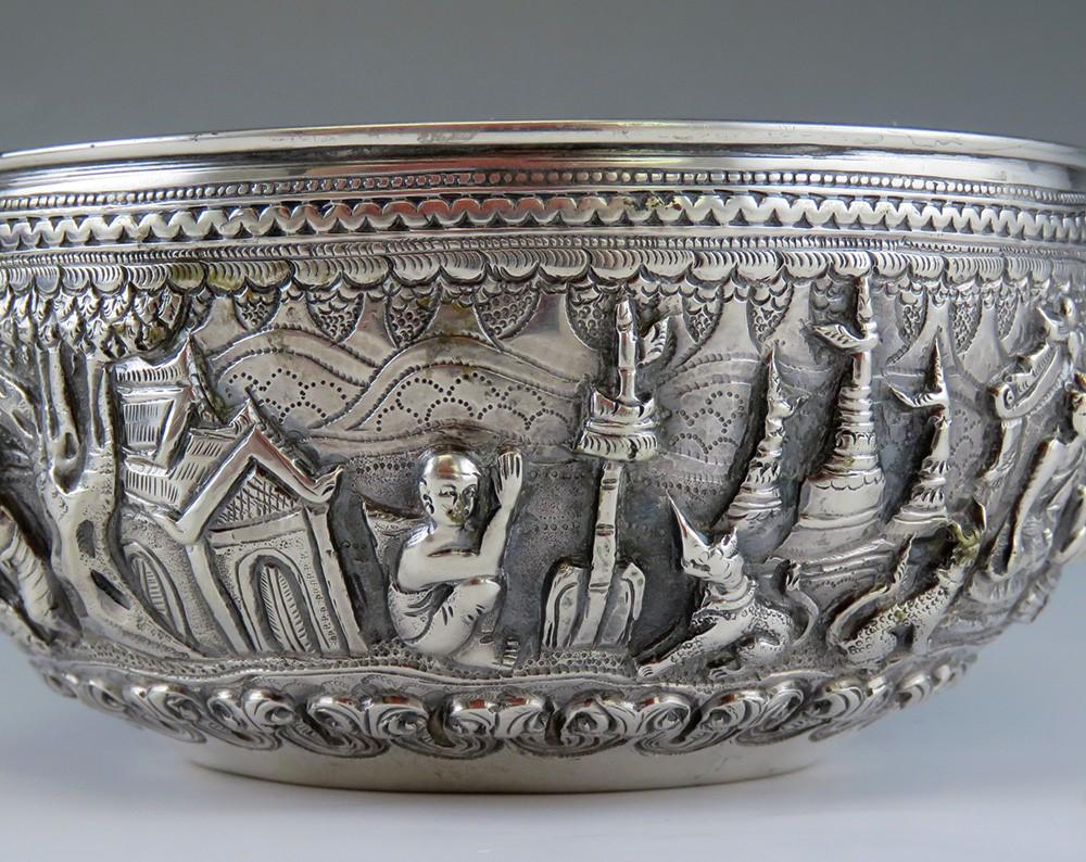 Antique c1900 Hand Chased Silver Raita Dessert or Rice Bowl from Southeast Asia