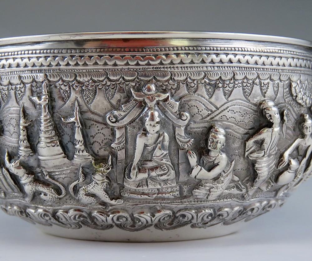 Antique c1900 Hand Chased Silver Raita Dessert or Rice Bowl from Southeast Asia