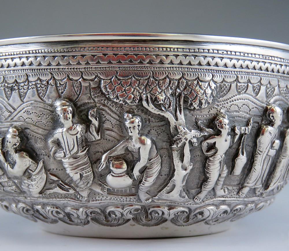 Antique c1900 Hand Chased Silver Raita Dessert or Rice Bowl from Southeast Asia