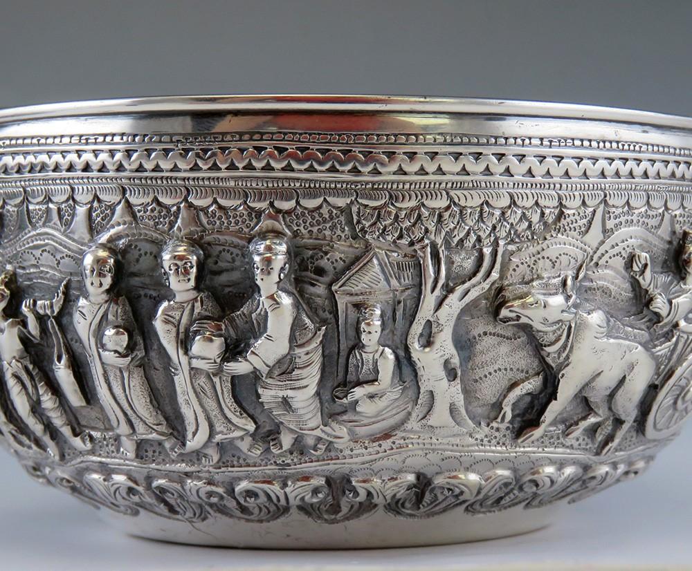 Antique c1900 Hand Chased Silver Raita Dessert or Rice Bowl from Southeast Asia