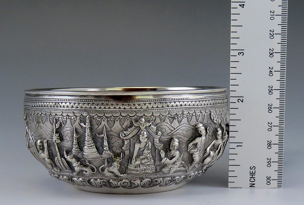 Antique c1900 Hand Chased Silver Raita Dessert or Rice Bowl from Southeast Asia