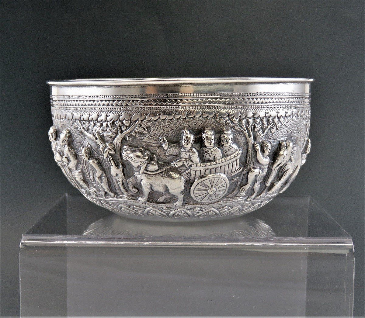 Antique c1900 Hand Chased Silver Raita Dessert or Rice Bowl from Southeast Asia