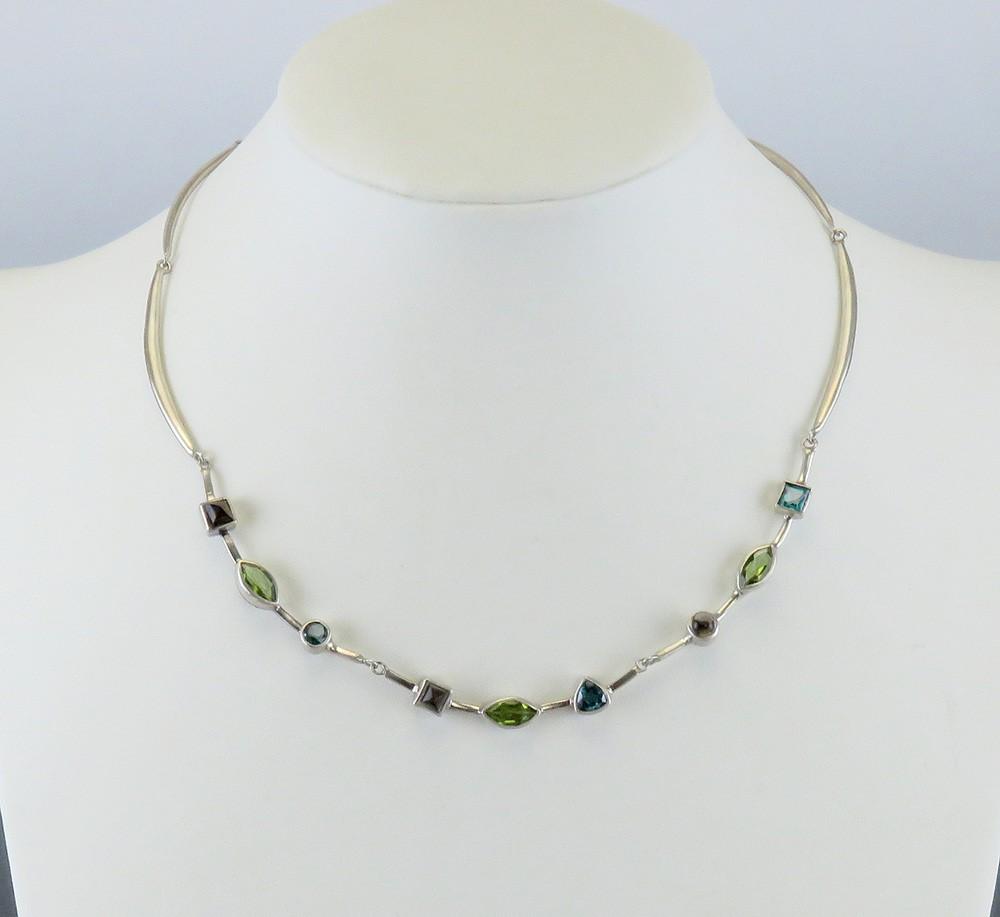 Elegant Sterling Silver Peridot Blue Topaz Smoky Quartz Geometric Necklace