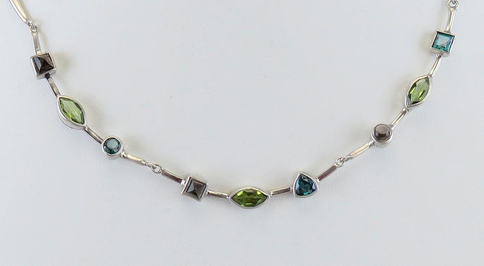 Elegant Sterling Silver Peridot Blue Topaz Smoky Quartz Geometric Necklace