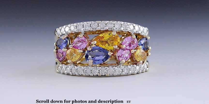 Dazzling 14k Gold, Diamond Pink Yellow Blue Sapphire Ring Size 6.25 Multicolor