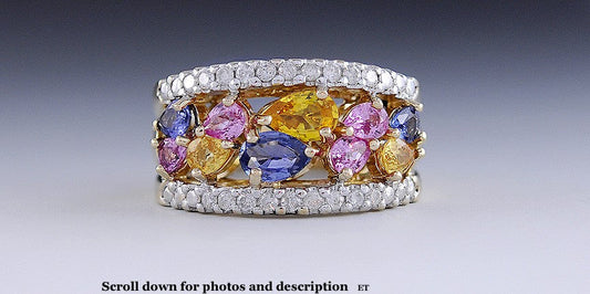 Dazzling 14k Gold, Diamond Pink Yellow Blue Sapphire Ring Size 6.25 Multicolor