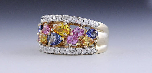 Dazzling 14k Gold, Diamond Pink Yellow Blue Sapphire Ring Size 6.25 Multicolor