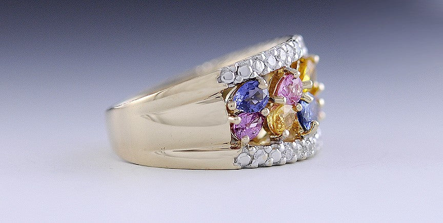 Dazzling 14k Gold, Diamond Pink Yellow Blue Sapphire Ring Size 6.25 Multicolor