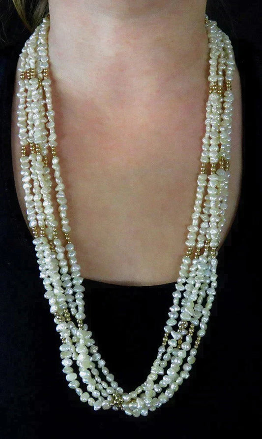 High End 14K Yellow Gold Bead Freshwater Pearl 5 Strand Torsade Necklace 31"