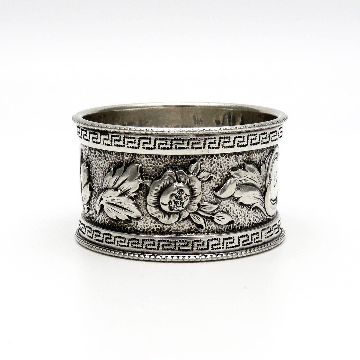 Beautiful c1850s American Coin Silver Hand Chased Floral Napkin Ring