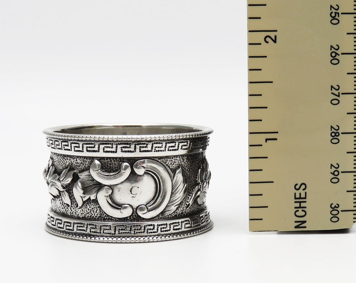 Beautiful c1850s American Coin Silver Hand Chased Floral Napkin Ring