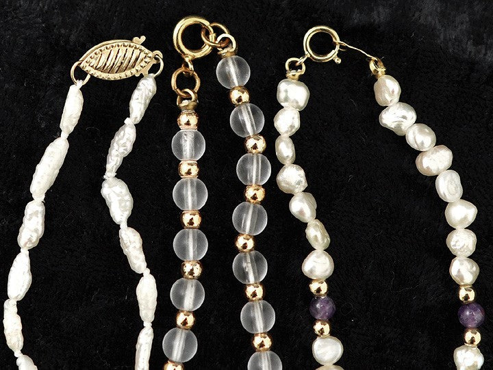 3 Beaded Necklaces Genuine Pearls 14K Yellow Gold Clasps