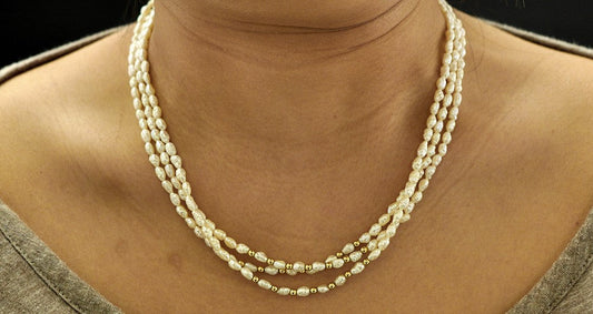 Pretty Triple Strand Genuine Pearl and 14K Yellow Gold Necklace Filigree Clasp