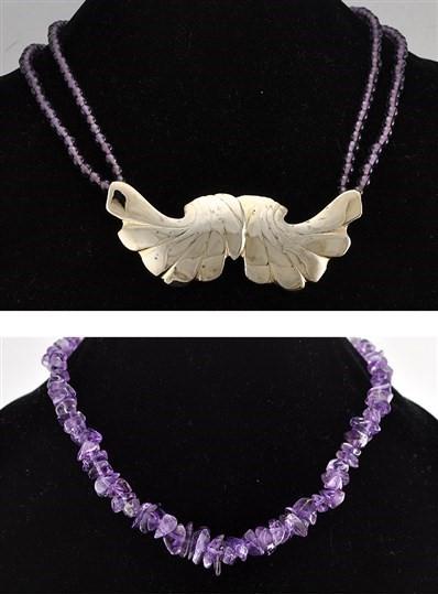 5 Pc Purple and Rose Quartz Beaded Costume Lot Necklaces w/ Pin/Brooch Cloisonne