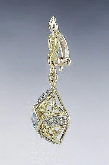 Pretty Pair 14k Yellow Gold Aquamarine Diamond Filigree Dangle Clip On Earrings