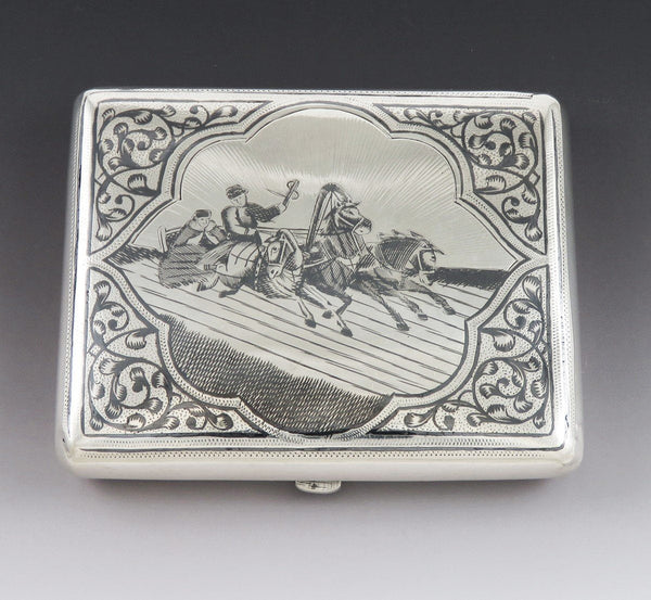Antique 19th Century Russian Silver Niello Enamel Troika Carriage Cigarette Case