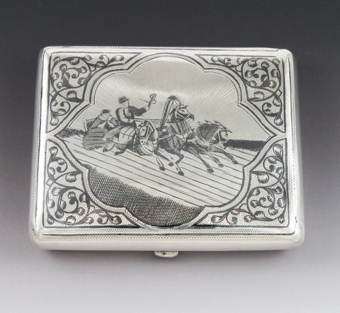 Antique 19th Century Russian Silver Niello Enamel Troika Carriage Cigarette Case