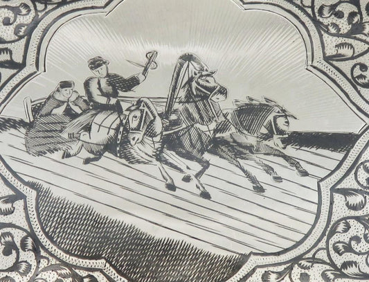 Antique 19th Century Russian Silver Niello Enamel Troika Carriage Cigarette Case