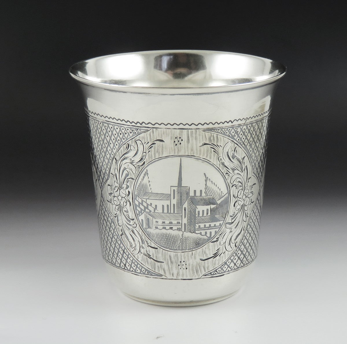 Antique 1867 Russian Moscow Niello Enamel Silver Church Scene Vodka Beaker Cup