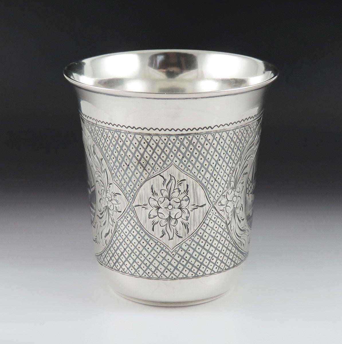 Antique 1867 Russian Moscow Niello Enamel Silver Church Scene Vodka Beaker Cup