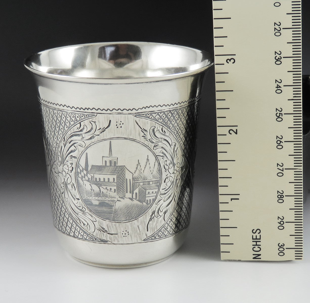 Antique 1867 Russian Moscow Niello Enamel Silver Church Scene Vodka Beaker Cup