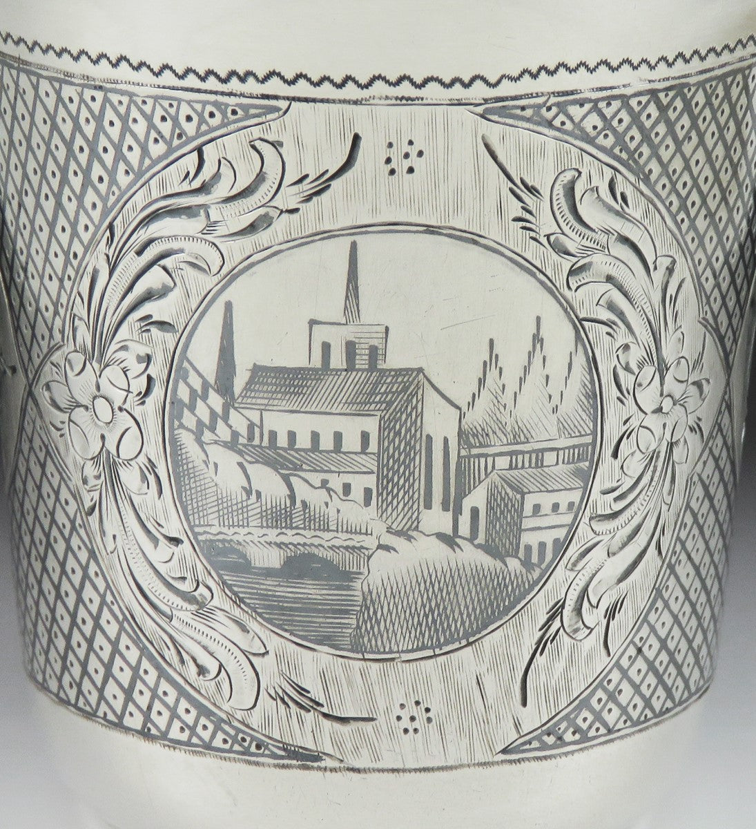 Antique 1867 Russian Moscow Niello Enamel Silver Church Scene Vodka Beaker Cup