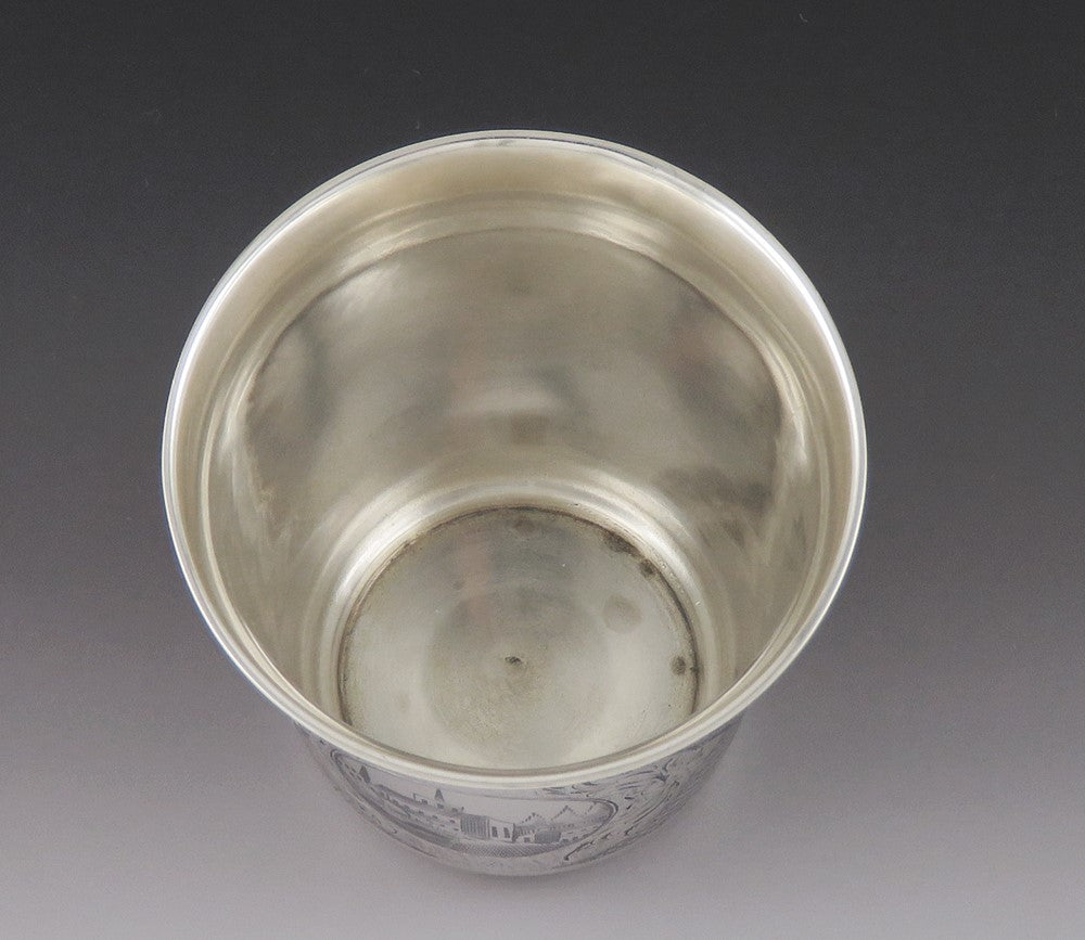 Antique 1867 Russian Moscow Niello Enamel Silver Church Scene Vodka Beaker Cup