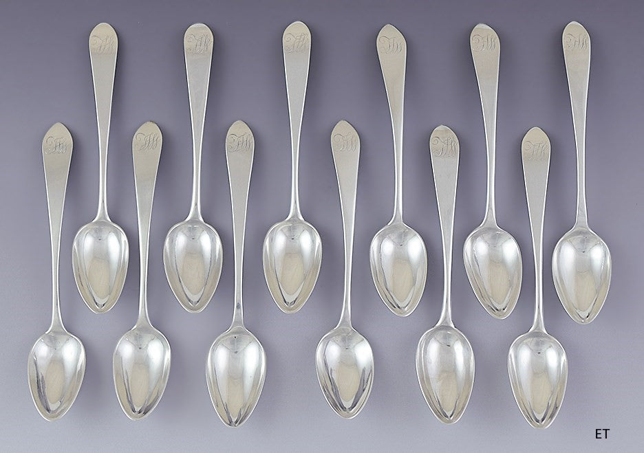 c1780s-1790s Rare set 12 American Coin Silver Coffee Spoons