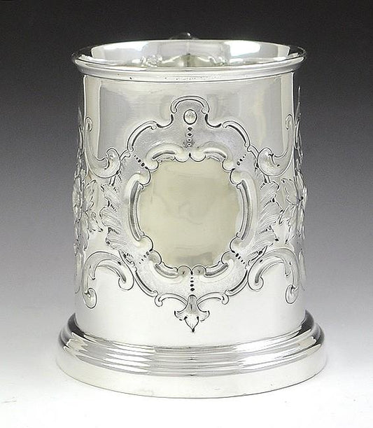 Antique 19th Century Silver Plate Repousse Glass Bottom Stein Mug Cup