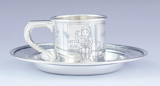 Charming American Sterling Silver Child's Cup & Saucer w/ Nursery Rhymes